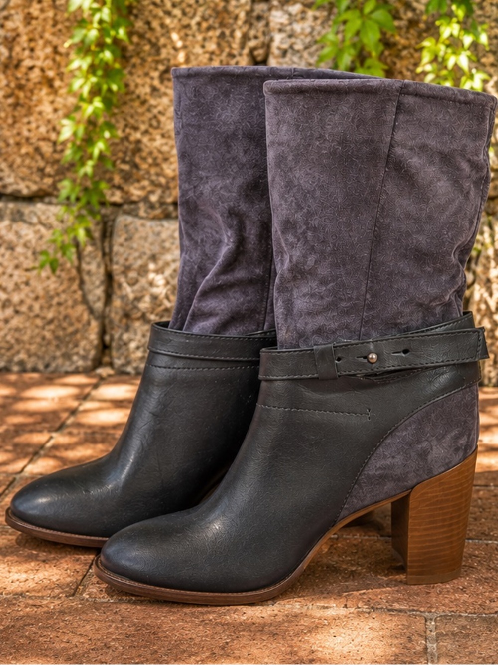 VINCE. Color Block Quiet Luxury Gray Suede and Black Leather Mid-Calf Boots 9.5M